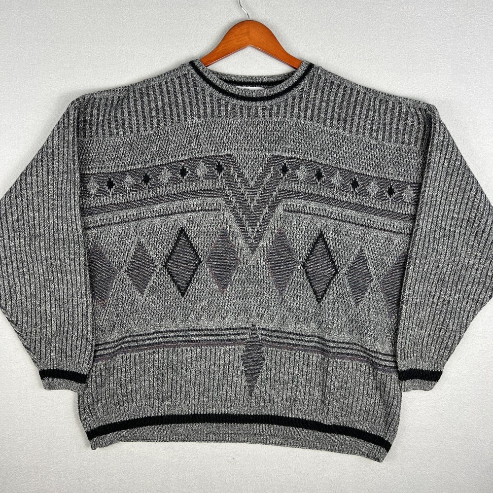 VTG Geometric‎ Knit Sweater Fits 3XL Gray Confetti Fleck Grandpa Acrylic 90s USA